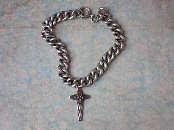 Antique Silver Curb Link Bracelet & WWI Poppy Cro… - image 1