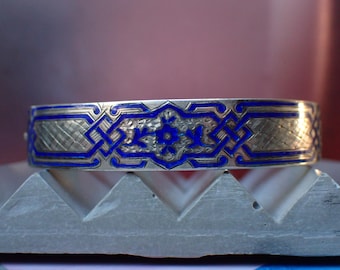 Antique Victorian Era European Silver & Blue Enamel Pattern Bangle