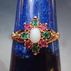 Antique Mid Victorian 9ct Gold Opal Emerald & Ruby Cluster Ring, c1850