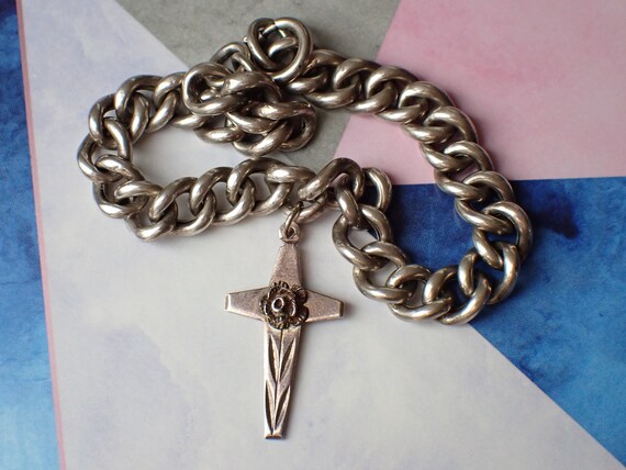 Antique Silver Curb Link Bracelet & WWI Poppy Cro… - image 6