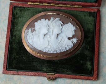 Antique Victorian 9 Carat Gold Carved Shell Allegorical Goddess Cameo Brooch & Original Box