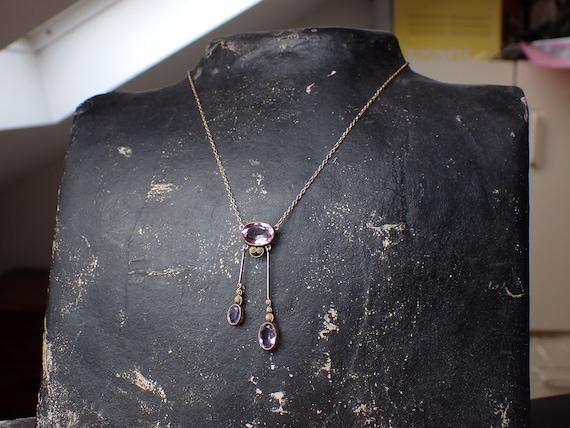 Collier Négligé Ancien En Argent Massif Avec Améthyste - Occasion - Bijou Vintage Antique