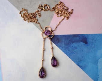 Antique 9ct Gold Chain Amethyst Drop Négligée Necklace