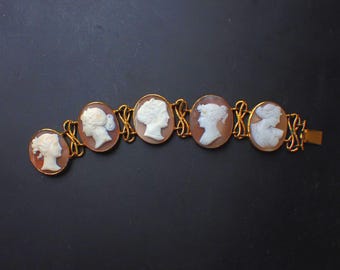 Antique Cameo Bracelet, Victorian Carved Shell Greek Goddess, Statement Jewelry