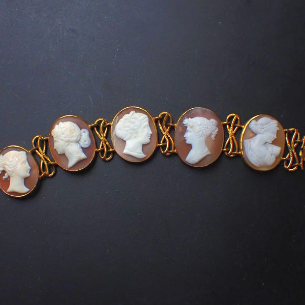 Antique Cameo Bracelet, Victorian Carved Shell Greek Goddess, Statement Jewelry
