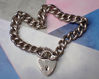 Antique Edwardian Sterling Silver Curb Link Bracelet & Heart Padlock Clasp