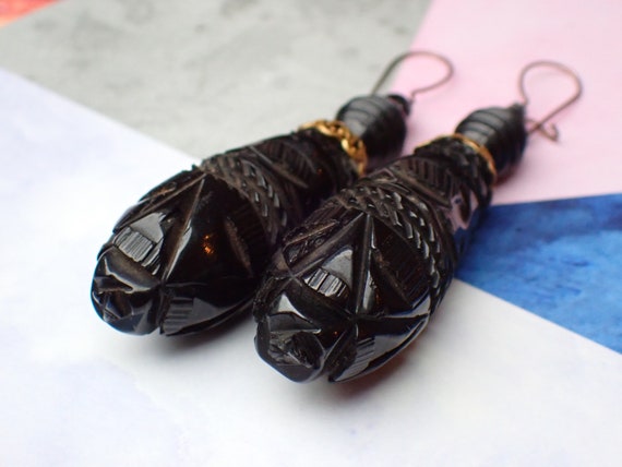 Antique Victorian Carved Whitby Jet Drop Earrings - image 2