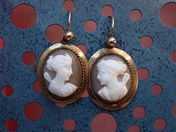 Antique Victorian Gilt Carved Shell Psyche Cameo Earrings