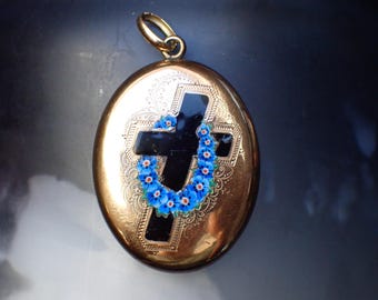 Antique Victorian 9ct B&F Enamel Forget Me Not Mourning Locket