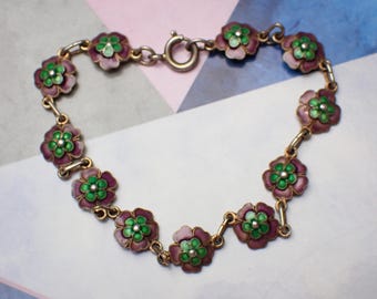 Vintage Silver Gilt & Enamel Suffragette Colours Flower Bracelet