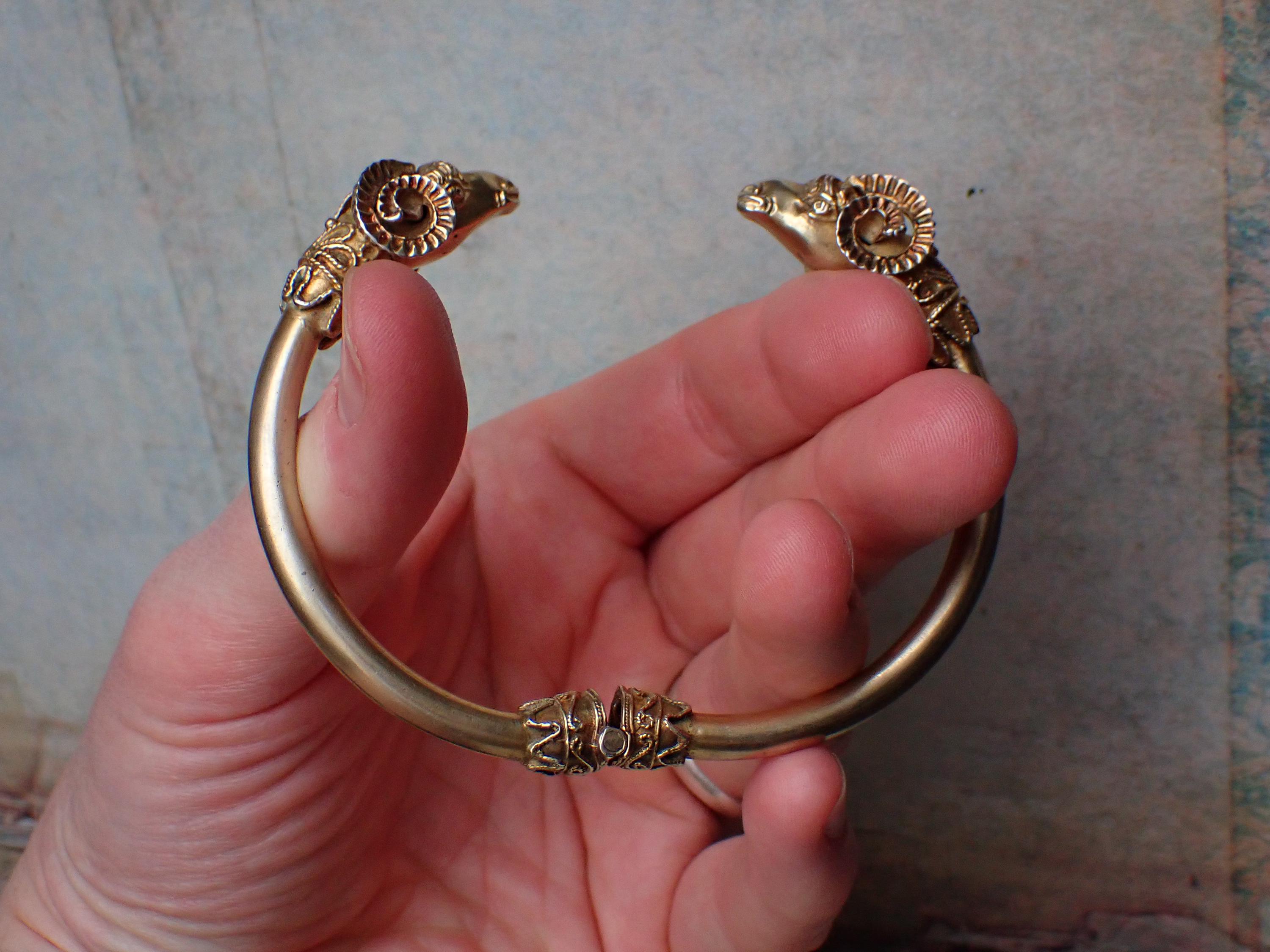 Chunky Antique European Silver Gilt Ram's Head Etruscan Revival
