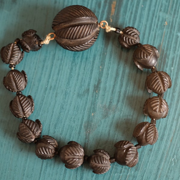 Antique Early Victorian Irish Carved Bog Oak Bead Bracelet, circa 1840