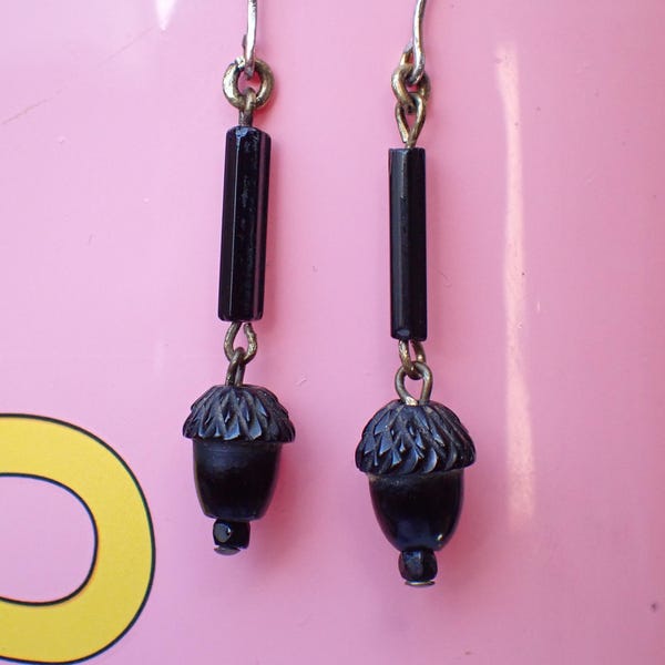 Antique Victorian Carved Whitby Jet Acorn Drop Earrings c1880