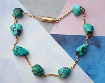 Antique 15ct Gold Natural Turquoise Matrix Nugget Chain Bracelet, circa 1900