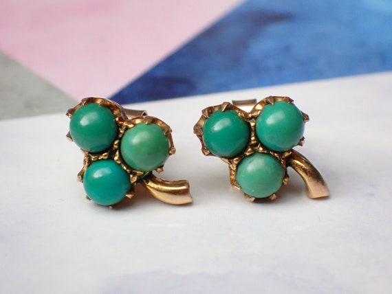 Pretty Antique 9ct Gold Natural Turquoise Trefoil… - image 2
