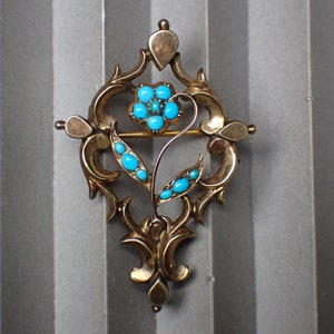 Antique Victorian Gold Filled Turquoise Forget Me Not Brooch