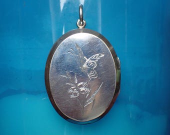 Antique Victorian Sterling Silver Engraved Butterfly Locket c1880
