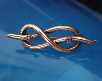 Antique Late Victorian 9ct Gold & Garnet Lover's Knot Brooch, c1900