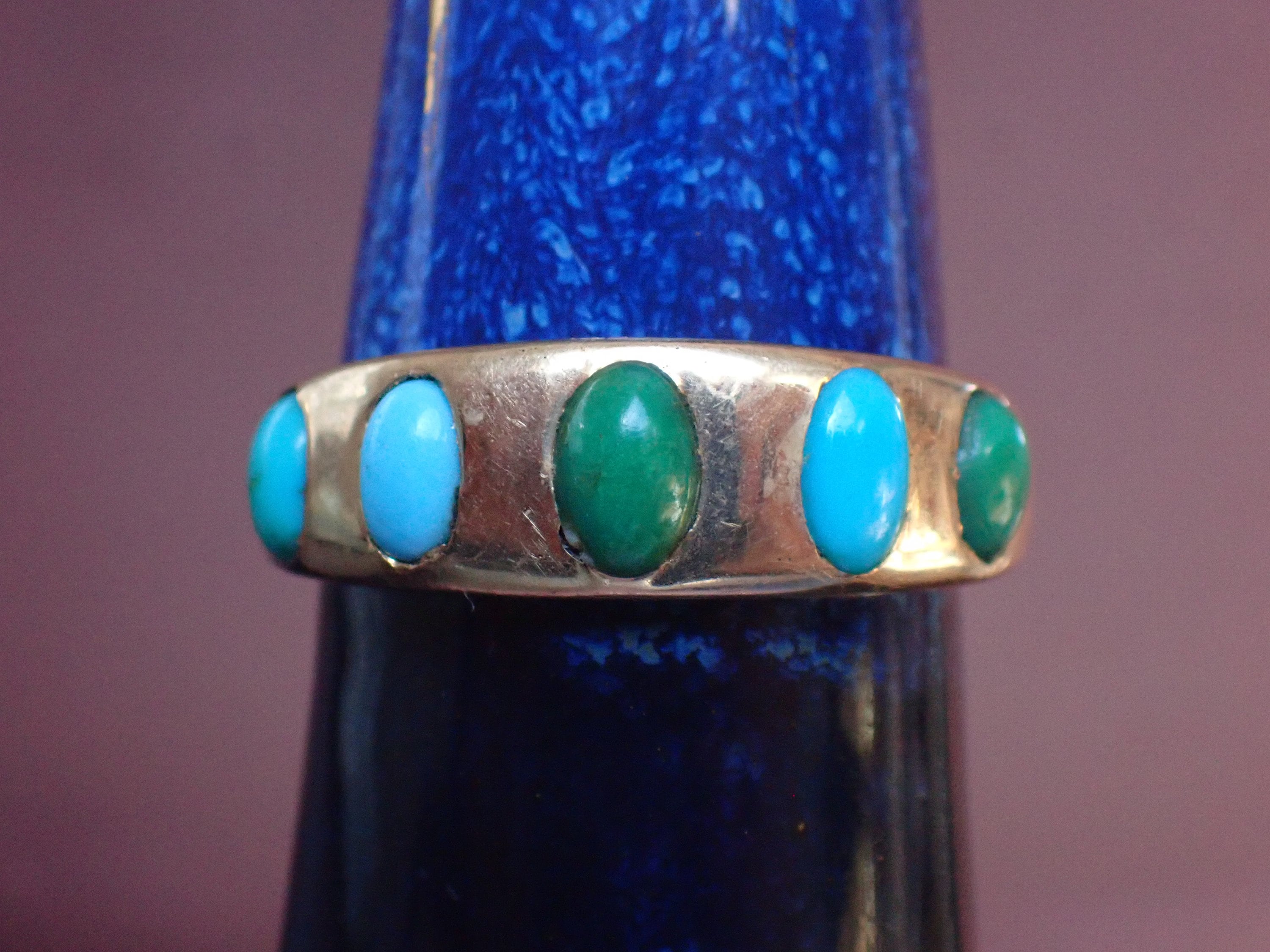 Antique Late Victorian 15ct Gold Turquoise 5 Stone Ring, c1900