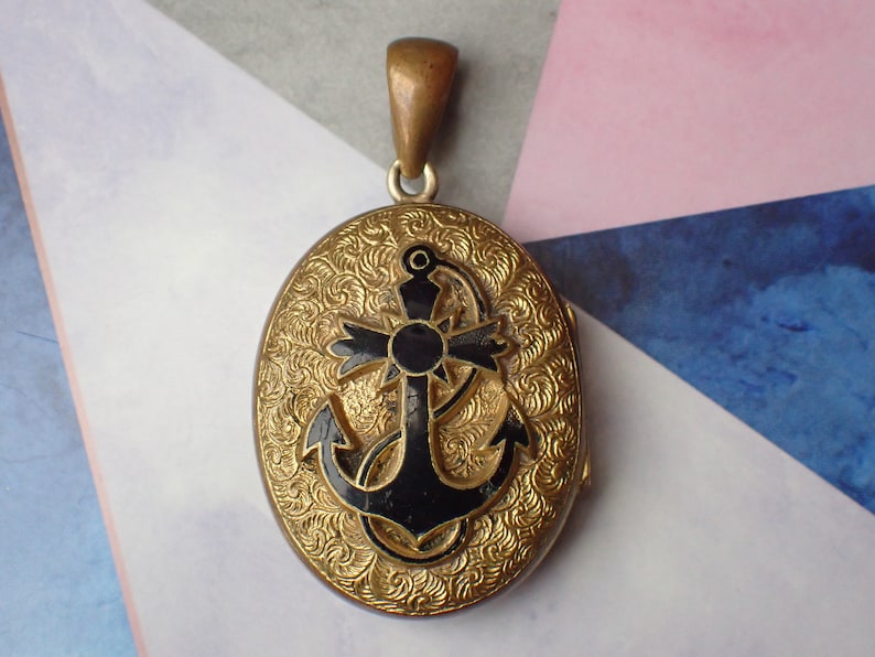 Antique Victorian Yellow Metal & Black Enamel Anchor Locket - Etsy