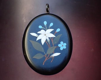 Antique Victorian Ashford Marble Pietra Dura Flowers Pendant