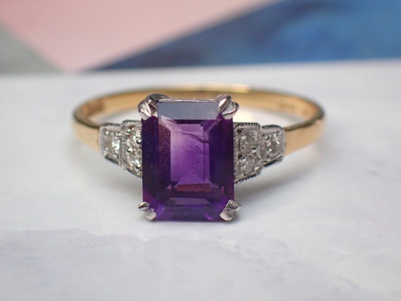 Vintage Art Deco 18ct Gold Platinum Amethyst & Di… - image 5