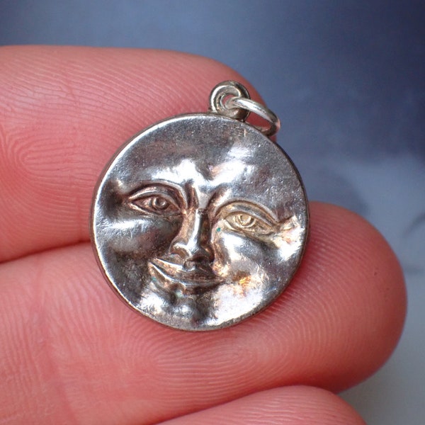 Vintage Silver Happy & Sad Double Sided Face Man in the Moon Charm Pendant