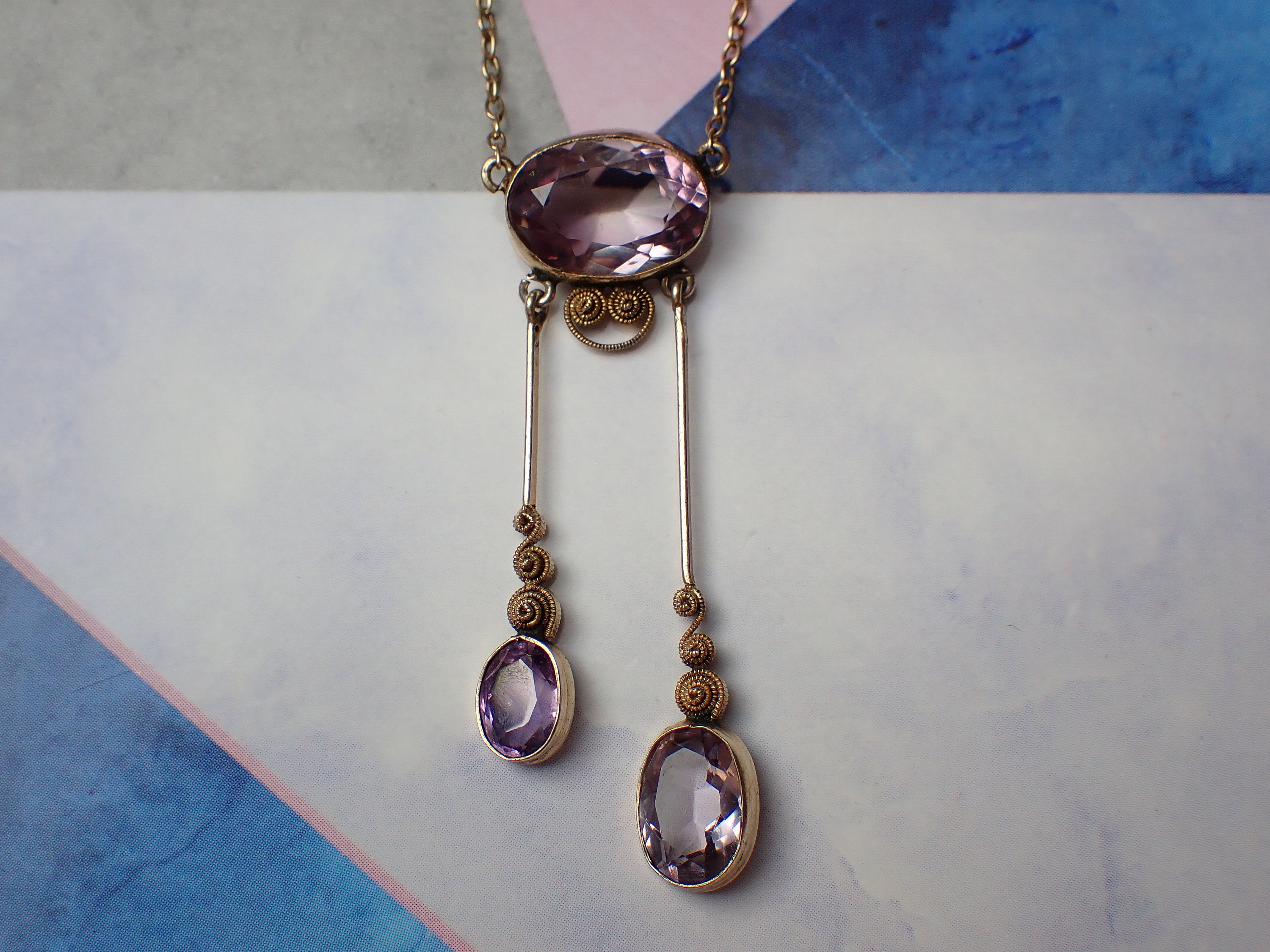 Collier Négligé Ancien En Argent Massif Avec Améthyste - Bijou Vintage, Occasion