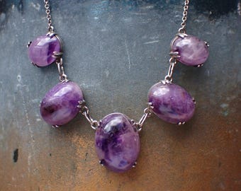 Pretty Antique Silver Amethyst Cabochon Chain Necklace
