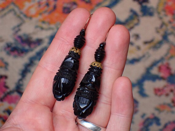 Antique Victorian Carved Whitby Jet Drop Earrings - image 4