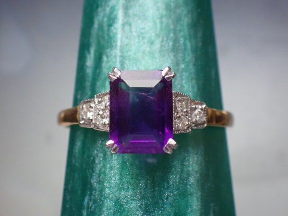 Vintage Art Deco 18ct Gold Platinum Amethyst & Di… - image 2