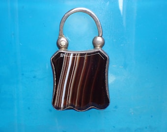 Victorian Silver Padlock, Antique Banded Agate Clasp Charm Pendant