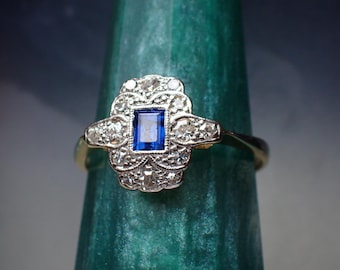 Art Deco Sapphire Diamond Ring, Antique Vintage 18K Gold Platinum Cluster