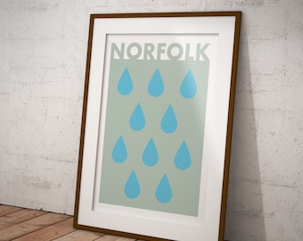 Minimalist Norfolk Rain Art Print | Contemporary East Anglia Graphic Travel Poster | Modern Norfolk Weather Picture | Bold Fun Wall Decor