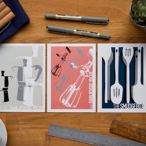 Satz von 3 Küche Kunst Postkarten. Küche Dekor. Grafik-Design-Utensil Drucke.