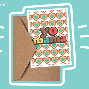 Funky divertido Mothers Day Card - Yo Mama. Tarjeta de felicitación de tipografía colorida, tarjeta de regalo del día de las madres, día especial de las madres de los años 70
