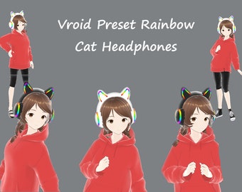 Vibrant 3D Rainbow Cat Ear Headphones VTuber Asset - Fully Customizable & Animated for Virtual Streamers Vroid Downloadable Preset