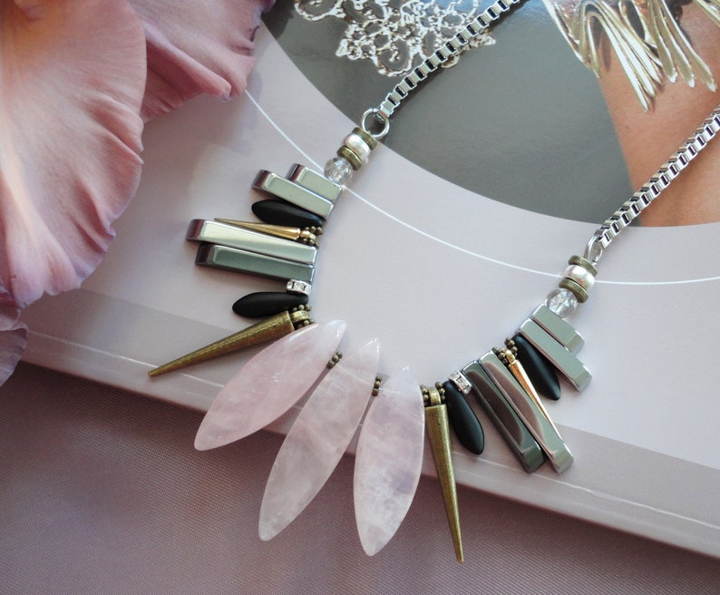 Statement necklace rose quartz statement jewelry unique necklaces for women semiprecious rose quartz jewelry stone necklace jewelry shop