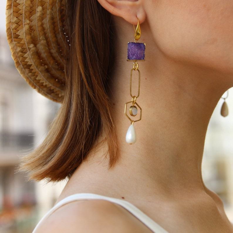 Mismatched earrings purple asymmetrical earrings statement jewelry stone ultra violet earrings long dangle earrings 2018 jewelry trends