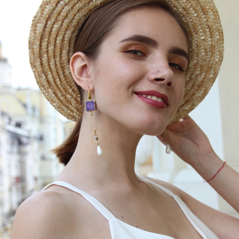 Mismatched earrings purple asymmetrical earrings statement jewelry stone ultra violet earrings long dangle earrings 2018 jewelry trends