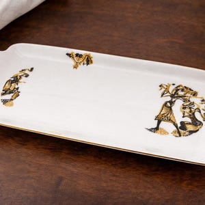 Vintage Israëlisch porseleinen dienblad goud figuratief ontwerp Naman Ltd serveerschaal 13"