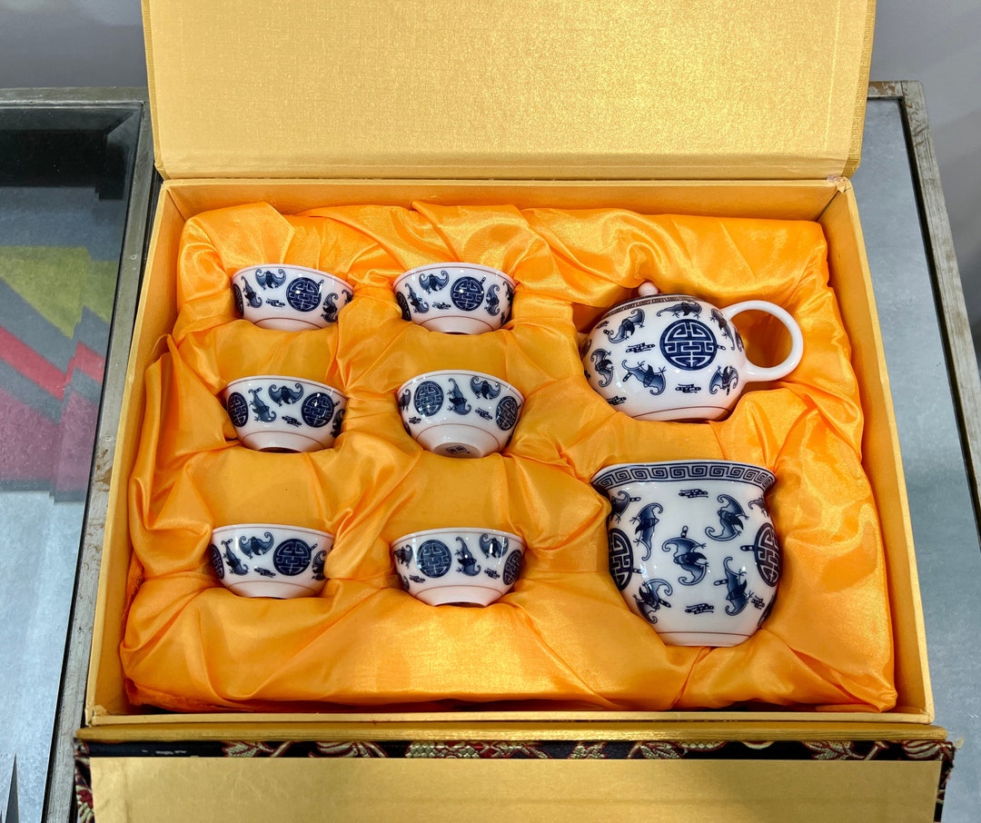 Vintage Chinese Gift Box Tea Set Creamer Sugar Cups Blue & Etsy