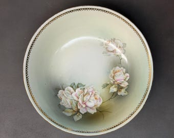 Antyczna ręcznie malowana niemiecka porcelanowa misa różana z mieniącym się motywem kwiatowym, złota lamówka, 9 cali, wiktoriańska dekoracja domku