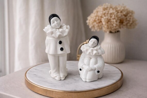 Vintage Avon Pierrot Perfume Bottles Pair White Milk Glass Clown Figural Vanity Decor Avon Collectibles