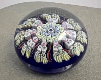 Presse-papiers en verre vintage bleu cobalt Millefiori, canne à fleurs