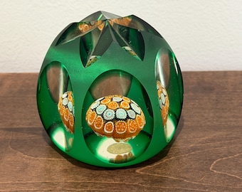 Vintage Murano Glass Paperweight Green Faceted Sommerso Millefiori Italian Art Glass Sculpture