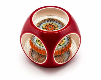 Vintage Millefiori Art Glass Paperweight Display Cube – Red Cased Glass w/ Latticino Interior