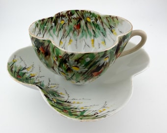 Art Nouveau Tekoppfat Handmålade Vildblommor Antik Tysk Porslin