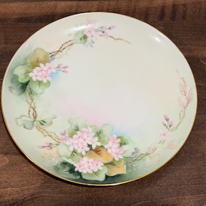 May include: A round porcelain plate with a cream-colored base featuring hand-painted clusters of small pink flowers and green leaves arranged in a curved pattern along the edges. The rim of the plate is finished with a thin gold-colored trim.