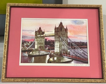 Vintage Pencil Signed Wood Framed Print The Tower Bridge London c2004